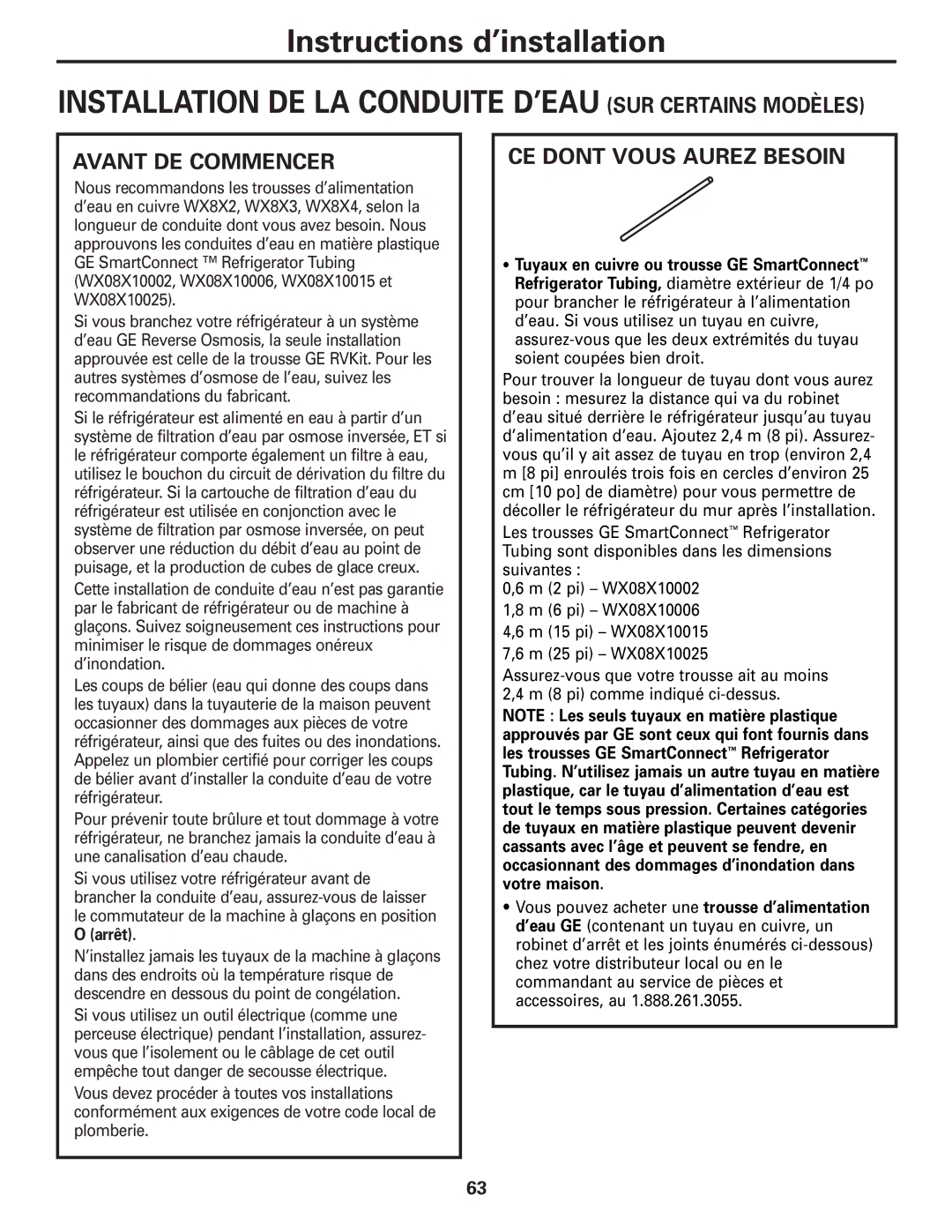 GE 25 and 27 installation instructions Installation DE LA Conduite D’EAU SUR Certains Modèles, CE Dont Vous Aurez Besoin 