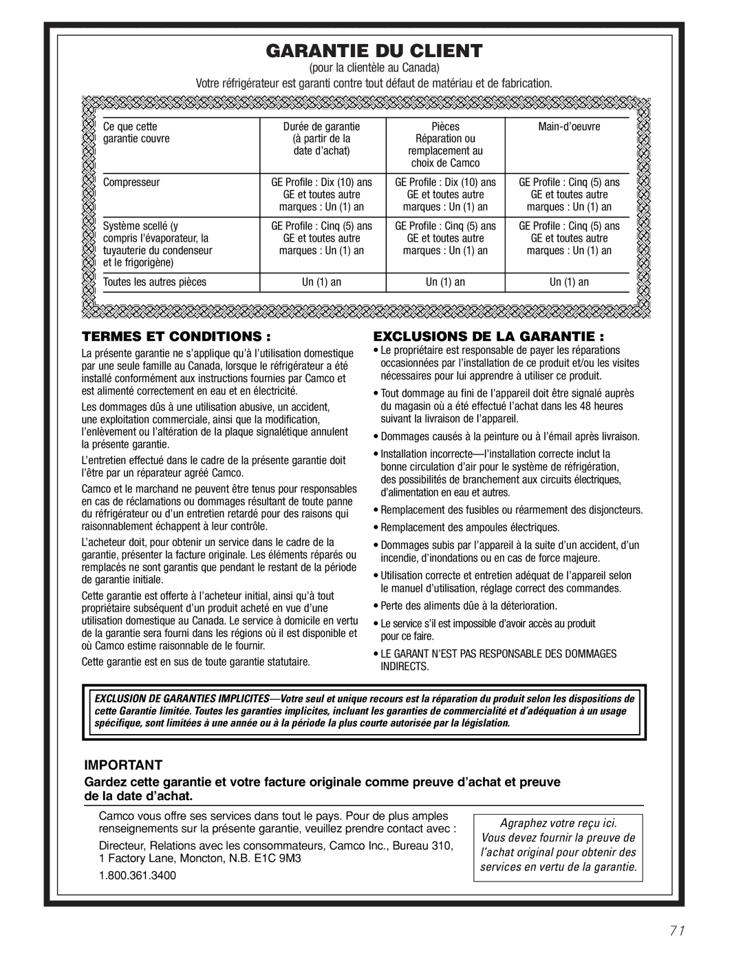 GE 25 and 27 installation instructions Garantie DU Client, Agraphez votre reçu ici 