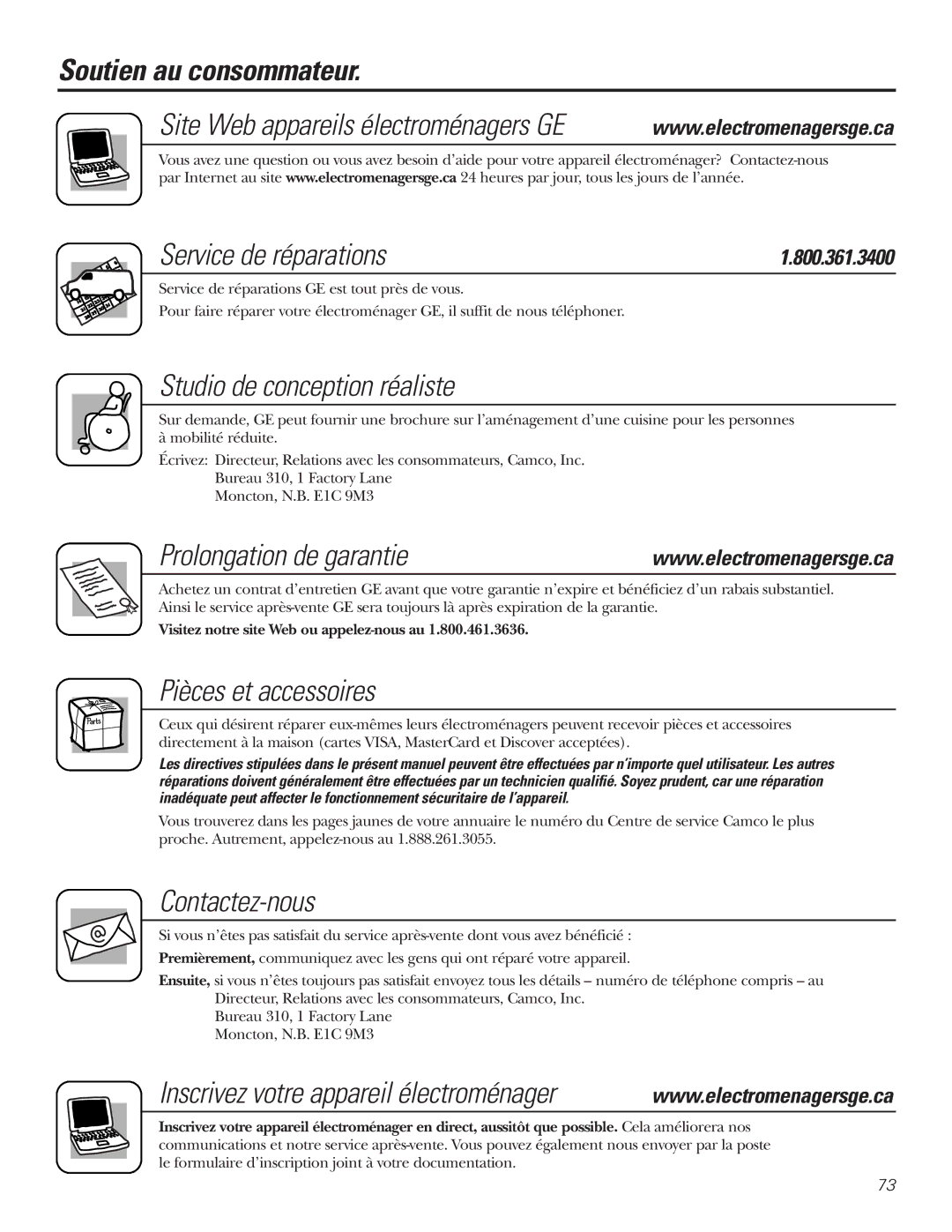 GE 25 and 27 installation instructions Soutien au consommateur, Service de réparations, Prolongation de garantie 