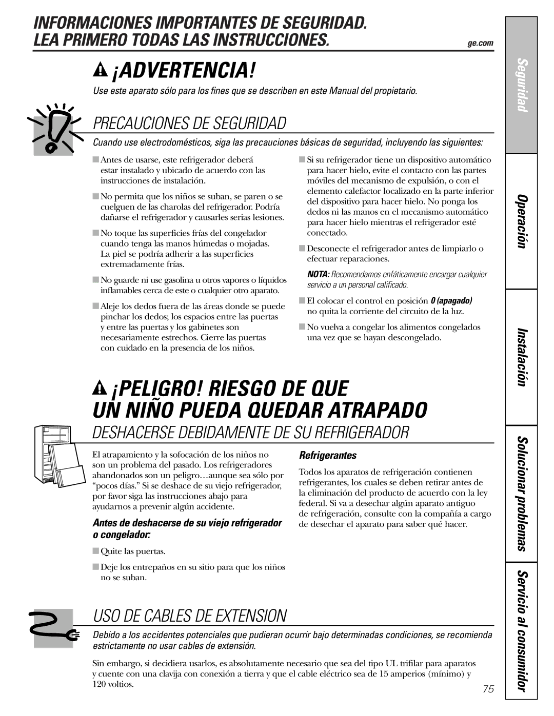 GE 25 and 27 Antes de deshacerse de su viejo refrigerador o congelador, Refrigerantes, Solucionar problemas Servicio 