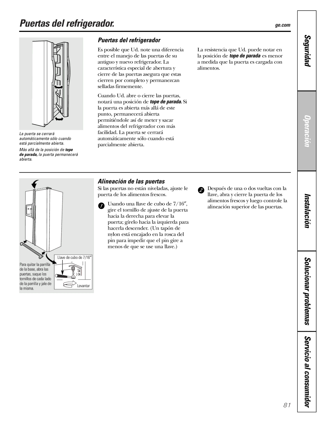 GE 25 and 27 installation instructions Puertas del refrigerador, Alineación de las puertas 