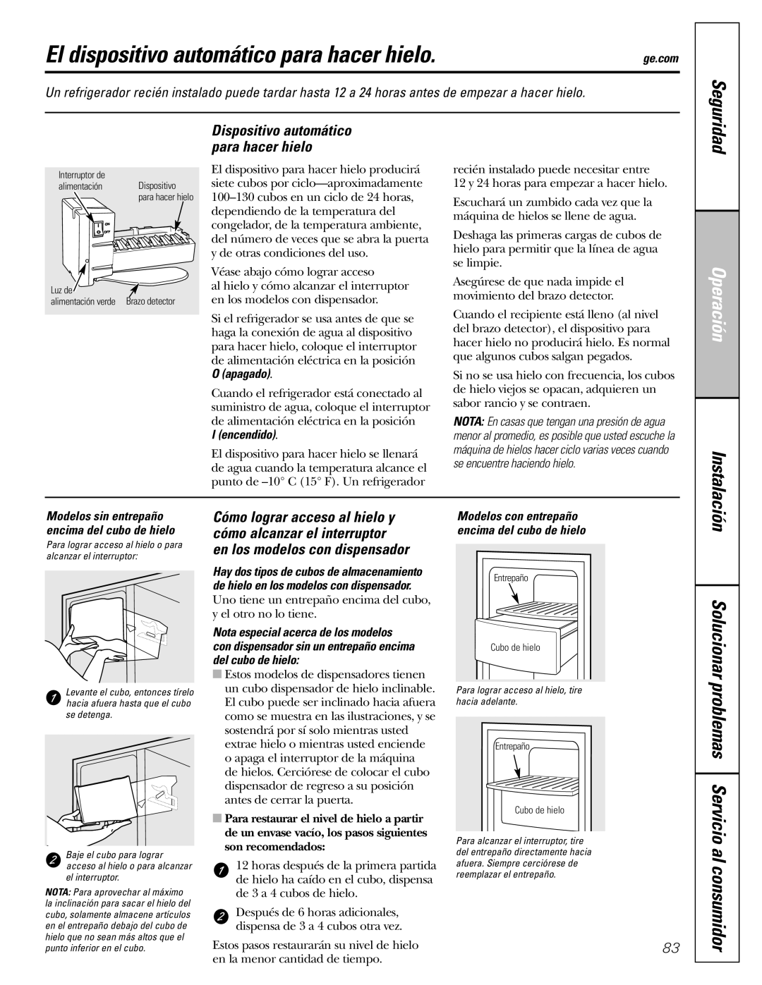 GE 25 and 27 installation instructions El dispositivo automático para hacer hielo, Instalaci, Encendido 