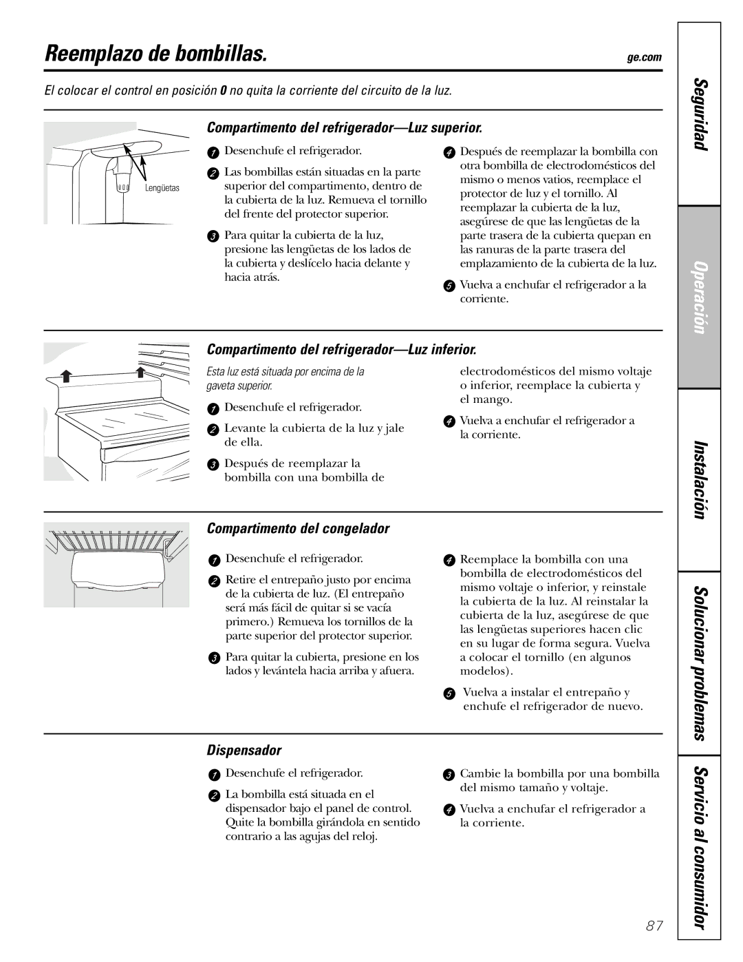 GE 25 and 27 installation instructions Reemplazo de bombillas, Solucionar problemas 