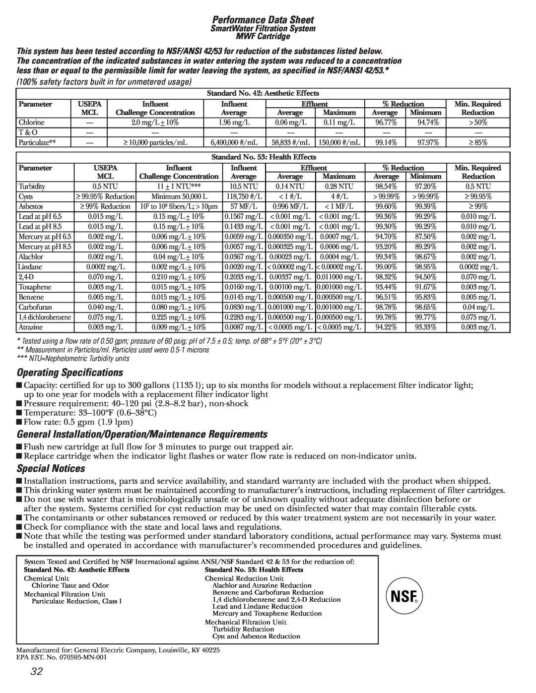 GE 25 and 27 installation instructions Performance Data Sheet, Operating Specifications, Special Notices 