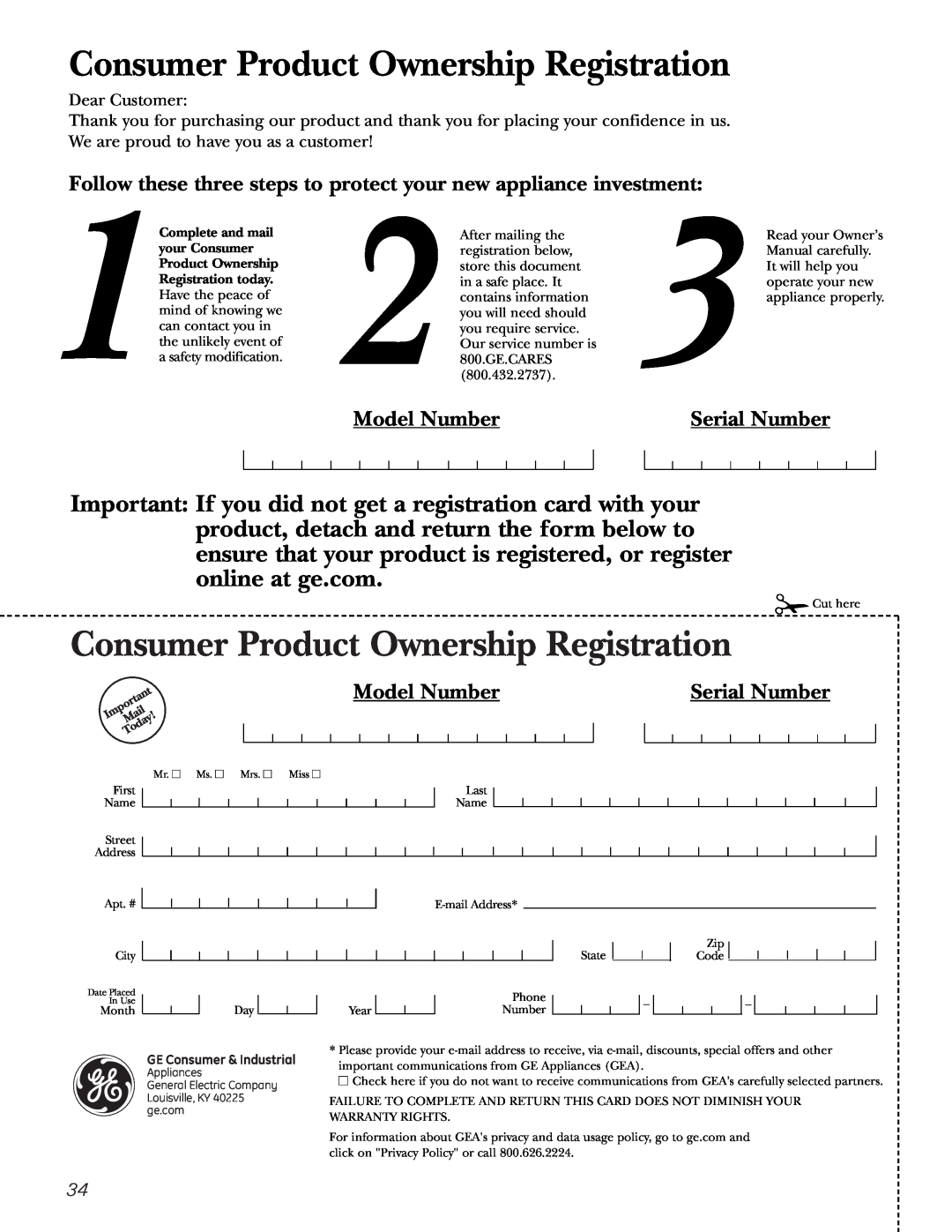 GE 25 and 27 installation instructions Model Number, Serial Number, Consumer Product Ownership Registration 