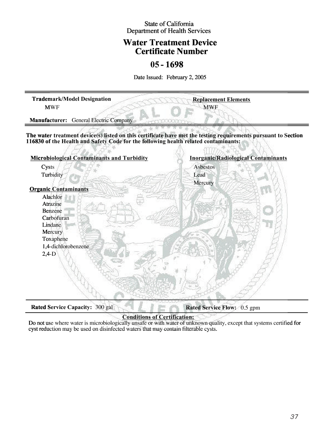 GE 25 and 27 Water Treatment Device, State of California, Department of Health Services, Certificate Number, 05 