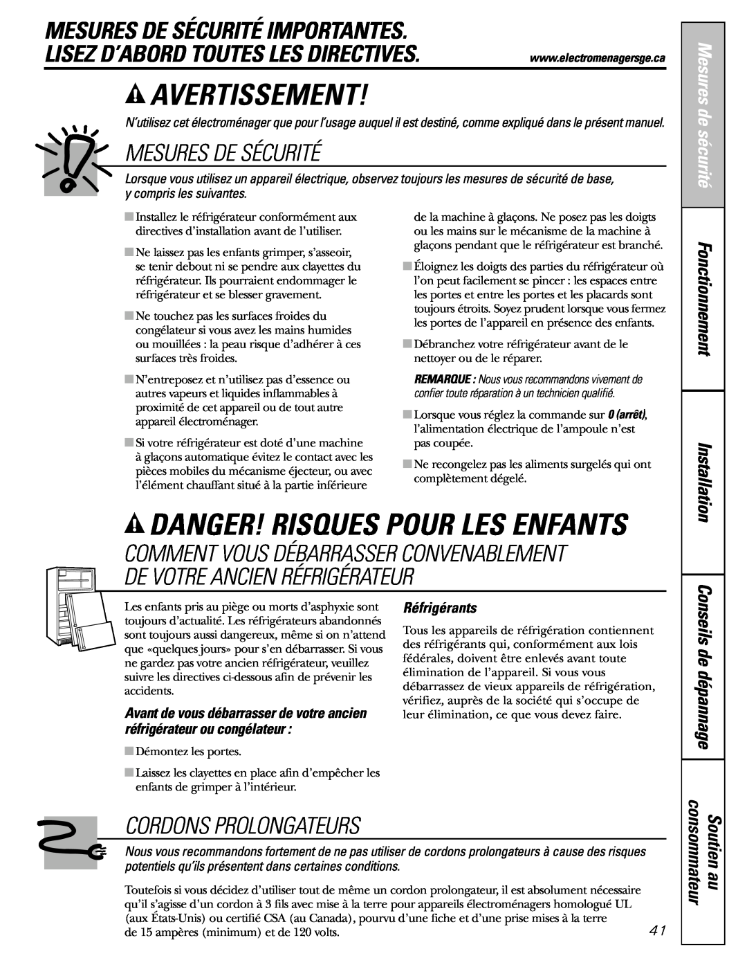GE 25 and 27 Avertissement, Danger! Risques Pour Les Enfants, Mesures De Sécurité Importantes, Cordons Prolongateurs 