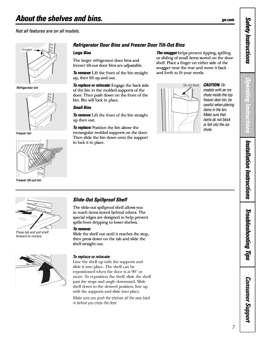 GE 25 and 27 installation instructions About the shelves and bins, Safety, Slide-OutSpillproof Shelf 