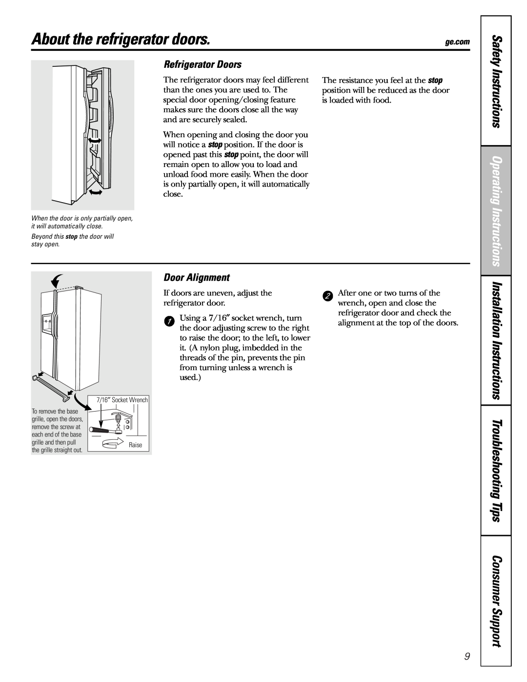 GE 25 and 27 About the refrigerator doors, Instructions Operating Instructions, Refrigerator Doors, Door Alignment 