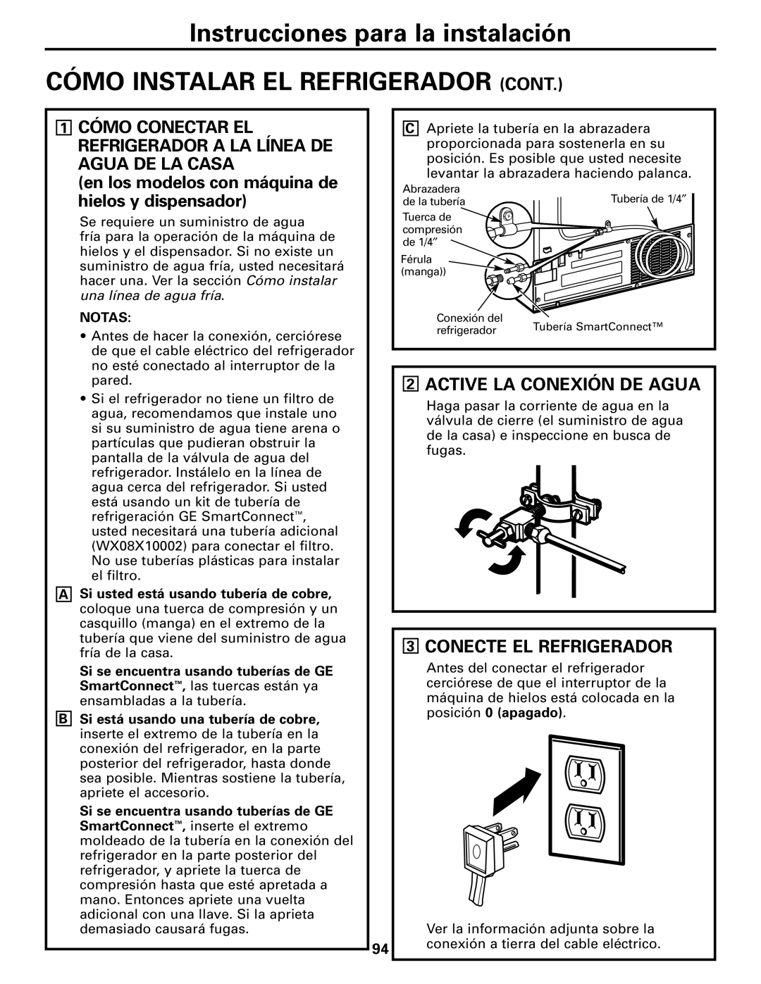 GE 25 and 27 Cómo Instalar El Refrigerador Cont, 2ACTIVE LA CONEXIÓN DE AGUA, 3CONECTE EL REFRIGERADOR 