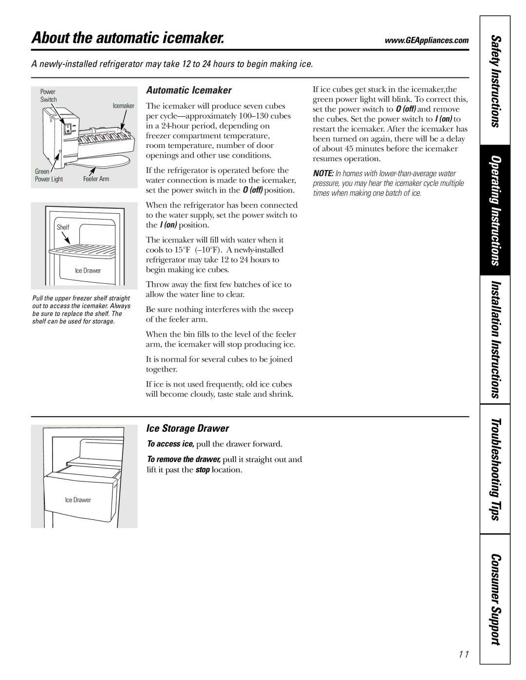 GE 25 About the automatic icemaker, Troubleshooting Tips Consumer Support, Automatic Icemaker, Ice Storage Drawer 