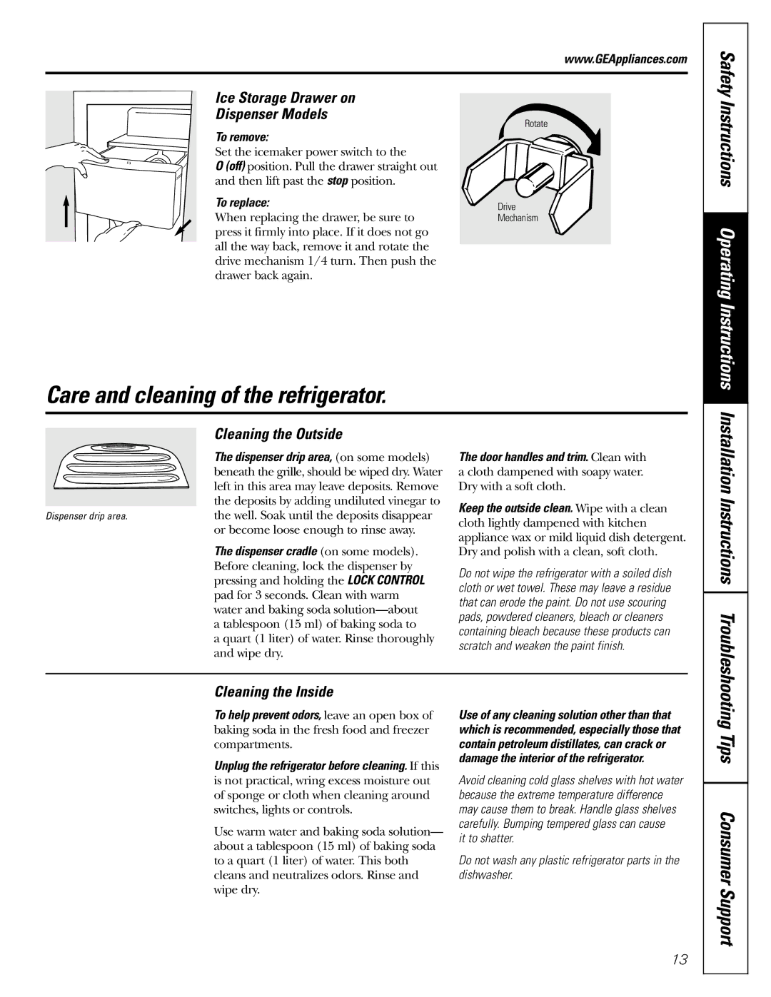 GE 25 Care and cleaning of the refrigerator, Tips Consumer Support, Ice Storage Drawer on Dispenser Models 