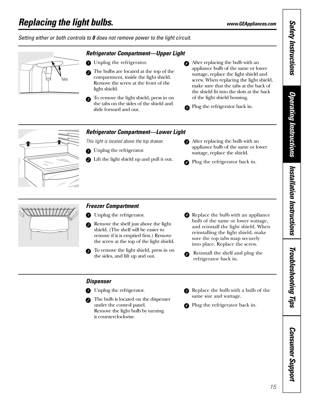 GE 25 Replacing the light bulbs, Refrigerator Compartment-Upper Light, Refrigerator Compartment-Lower Light, Dispenser 