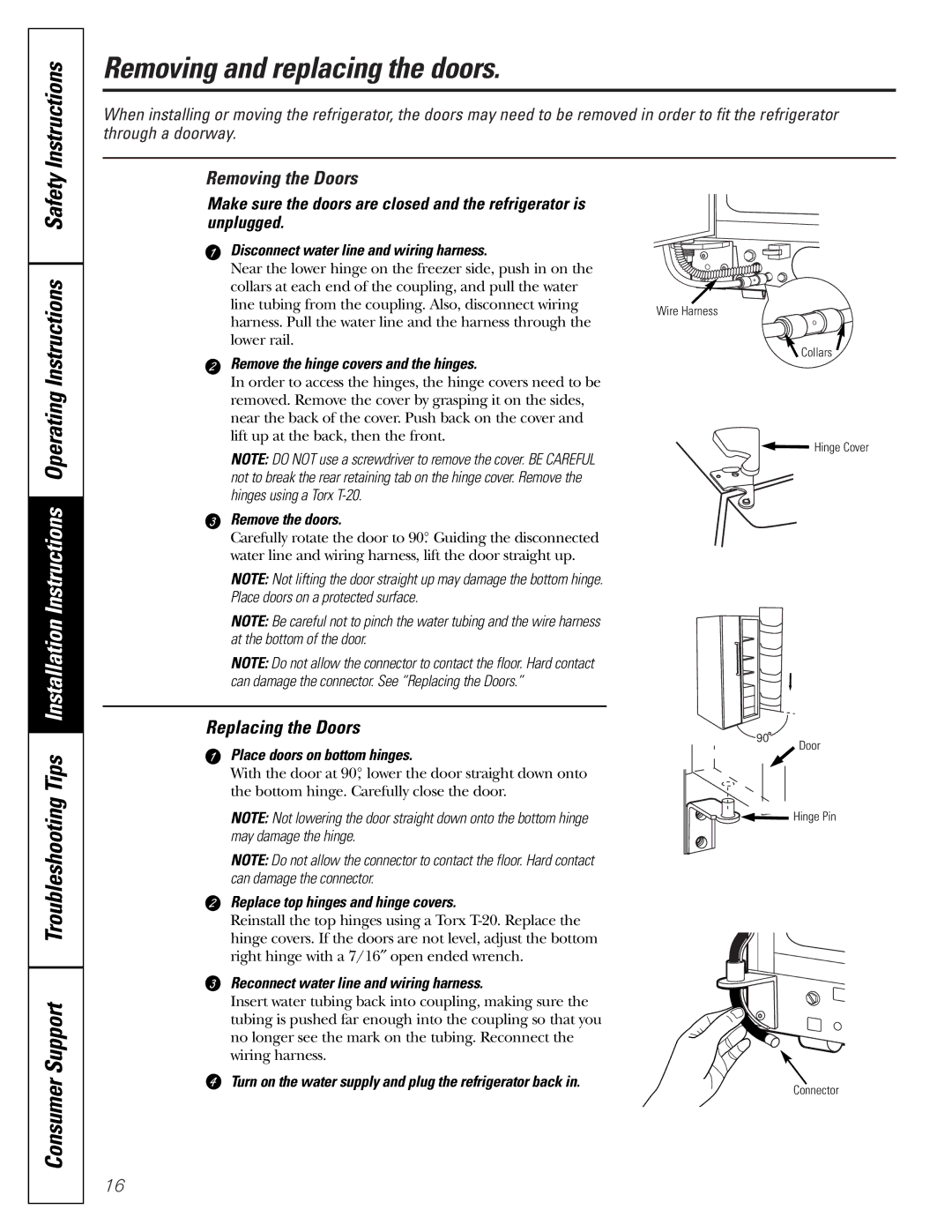 GE 25 installation instructions Removing and replacing the doors, Removing the Doors, Replacing the Doors 