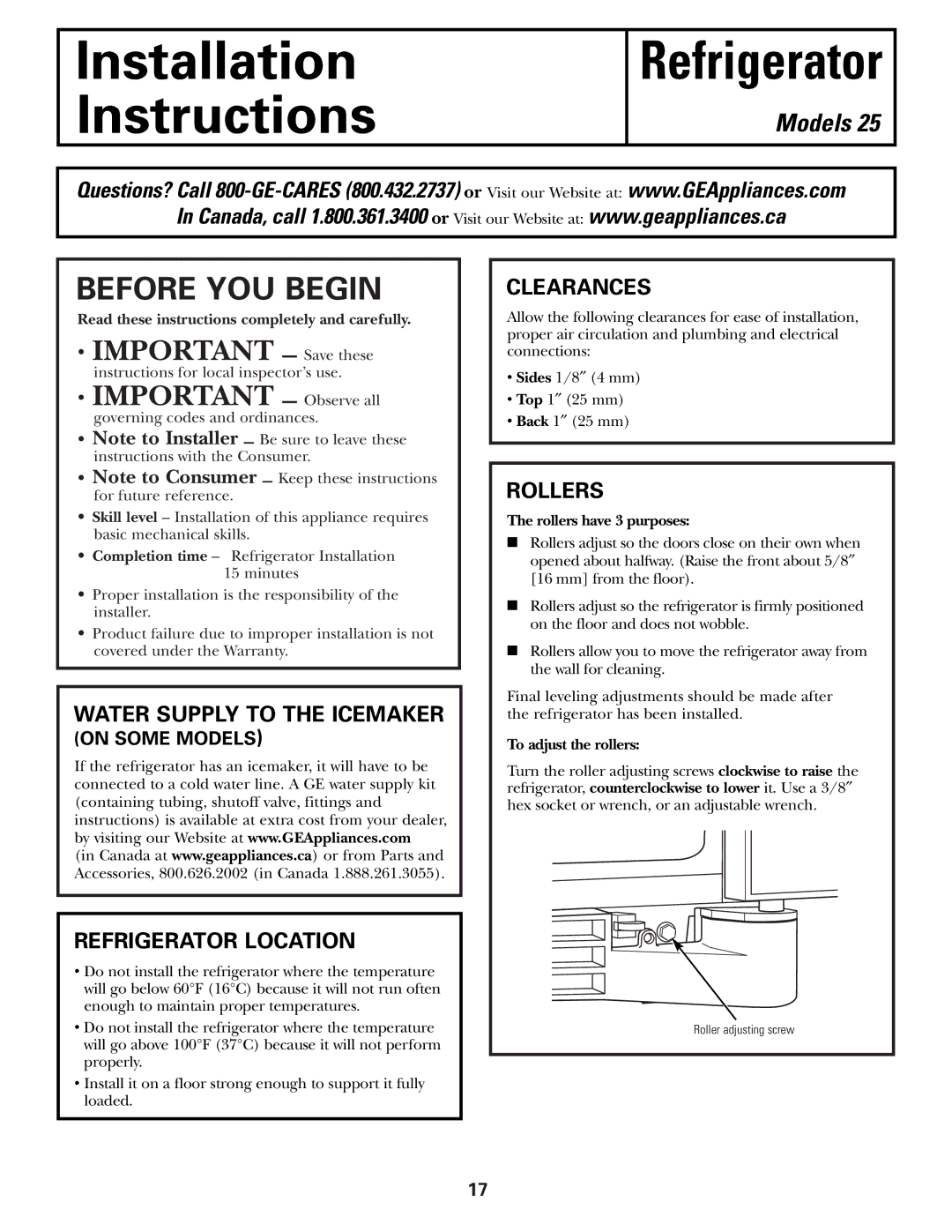 GE 25 installation instructions Refrigerator Location, Clearances, Rollers 