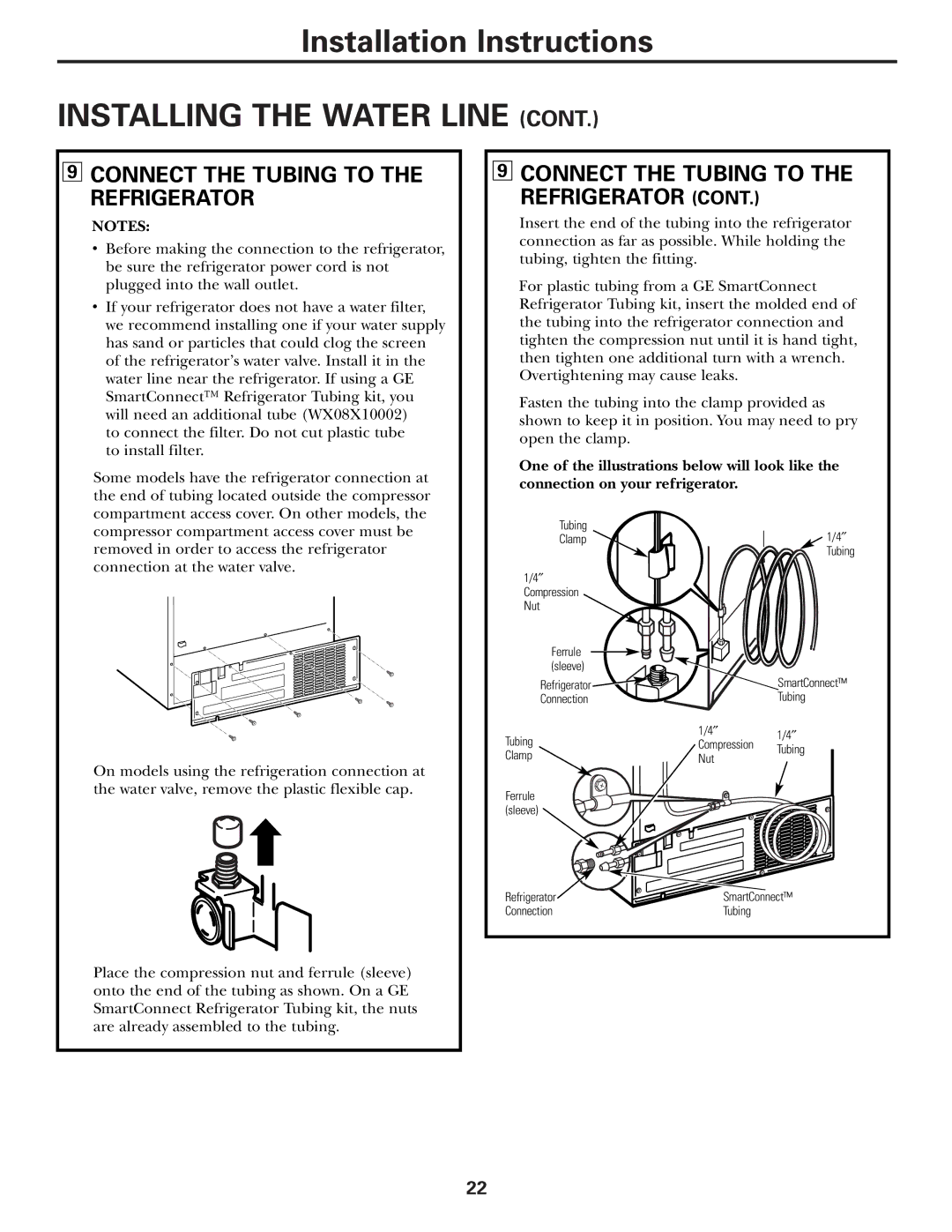 GE 25 installation instructions Connect the Tubing to the Refrigerator 