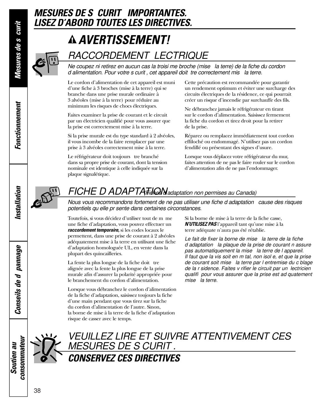 GE 25 installation instructions Raccordement Électrique, Soutien au Consommateur 