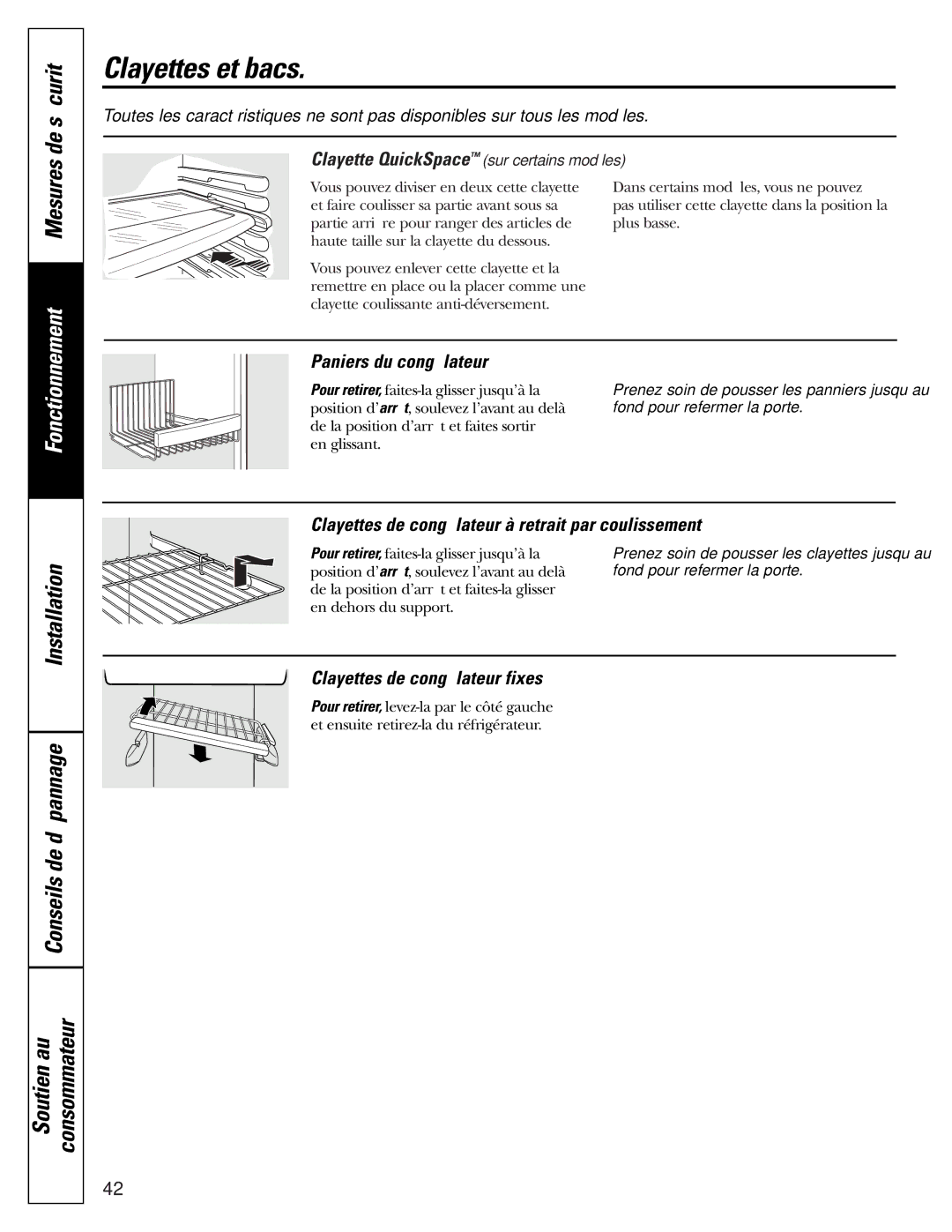 GE 25 Installation Conseils de dépannage Soutien au Consommateur, Paniers du congélateur, Clayettes de congélateur fixes 