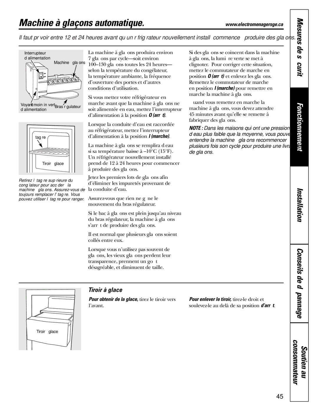 GE 25 installation instructions Machine à glaçons automatique, Dépannage Consommateur Soutien au, Tiroir à glace 