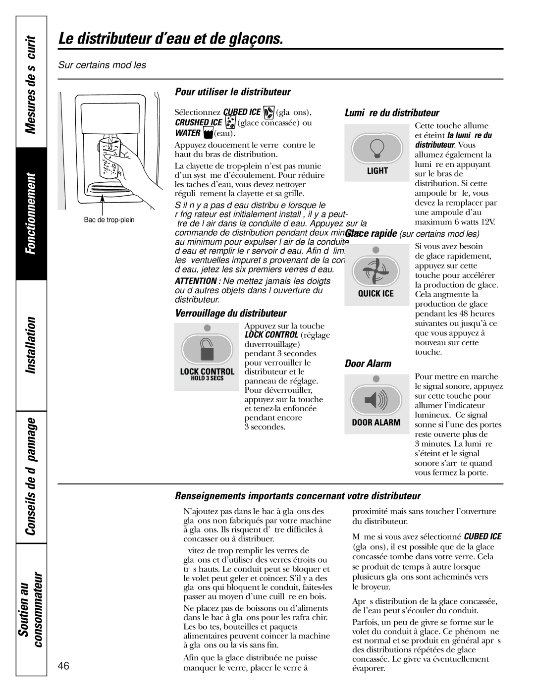 GE 25 Le distributeur d’eau et de glaçons, Pour utiliser le distributeur, Verrouillage du distributeur 