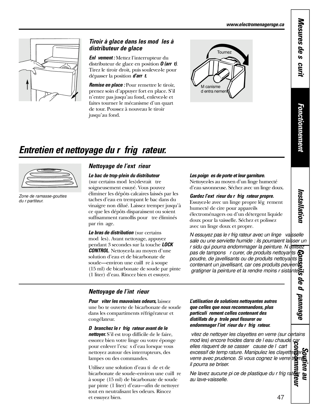 GE 25 Entretien et nettoyage du réfrigérateur, Nettoyage de l’extérieur, Nettoyage de l’intérieur, Mesures 