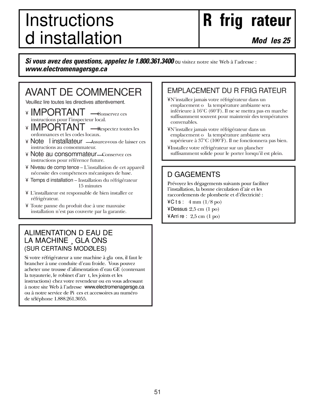 GE 25 installation instructions Emplacement DU Réfrigérateur, Dégagements, Alimentation D’EAU DE LA Machine À Glaçons 