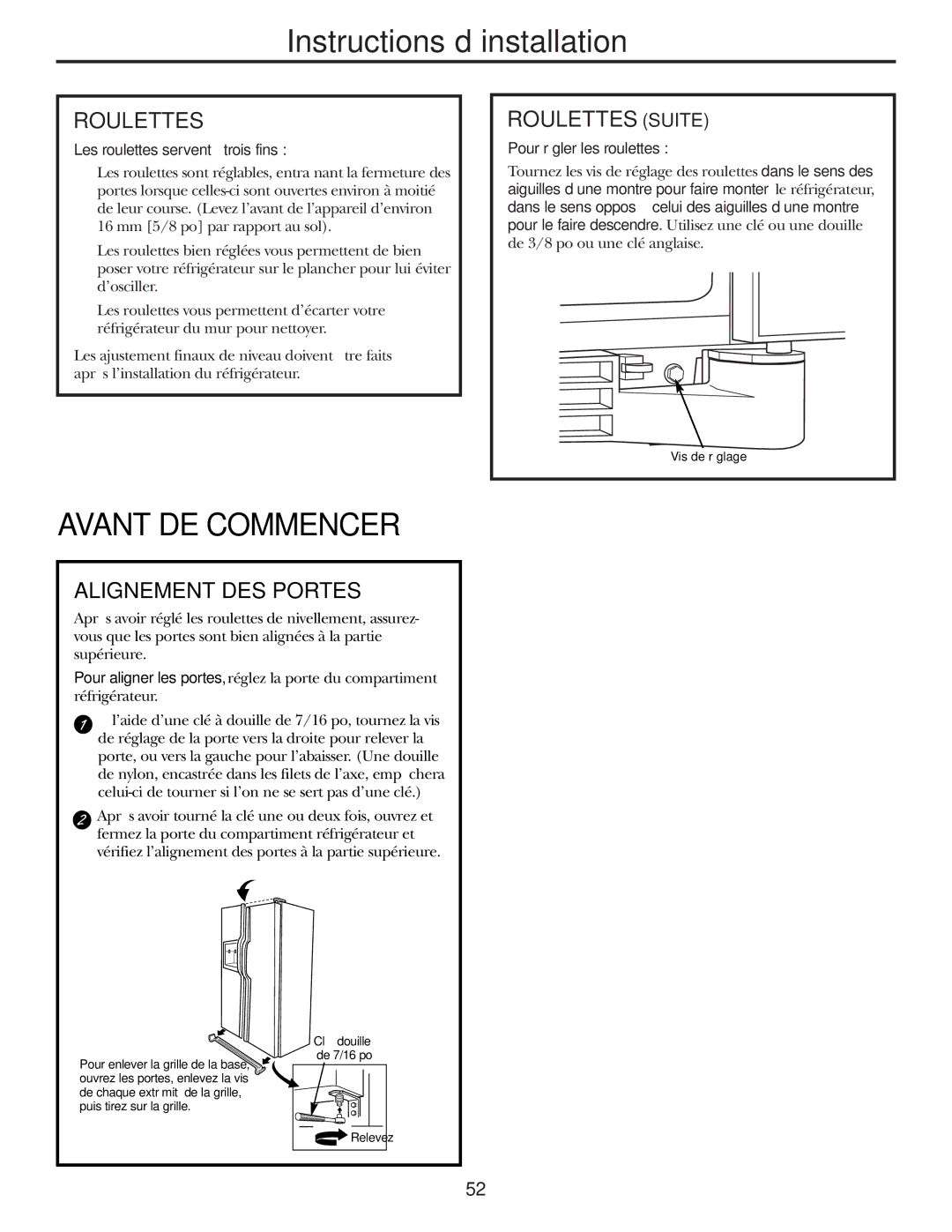 GE 25 installation instructions Alignement DES Portes, Roulettes Suite 