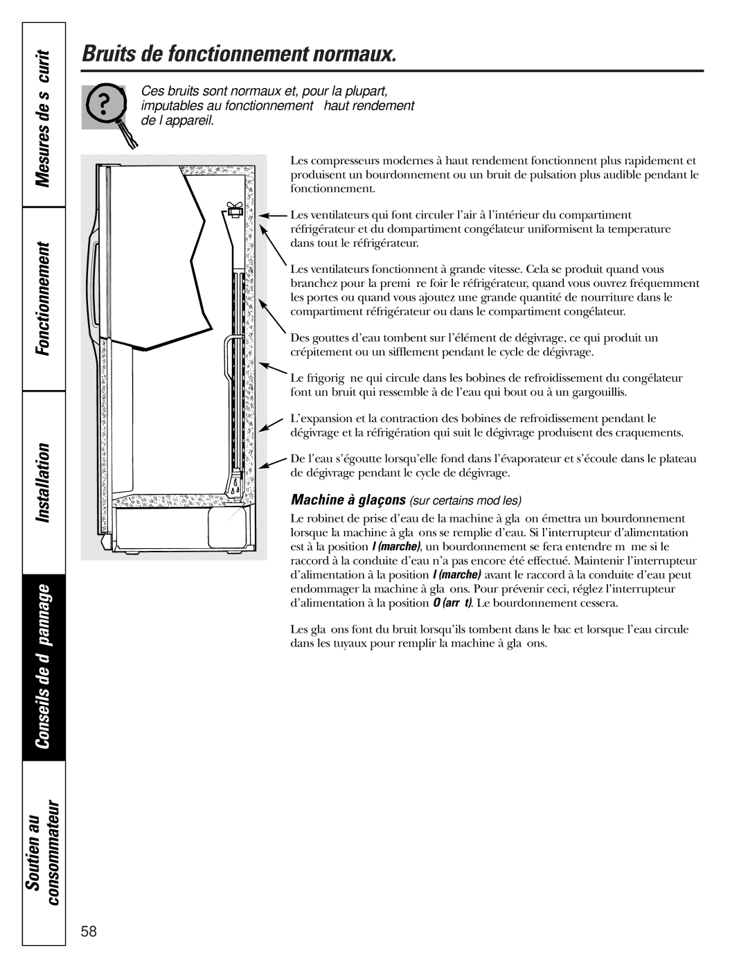 GE 25 installation instructions Bruits de fonctionnement normaux, Mesures de sécurité Fonctionnement Installation 