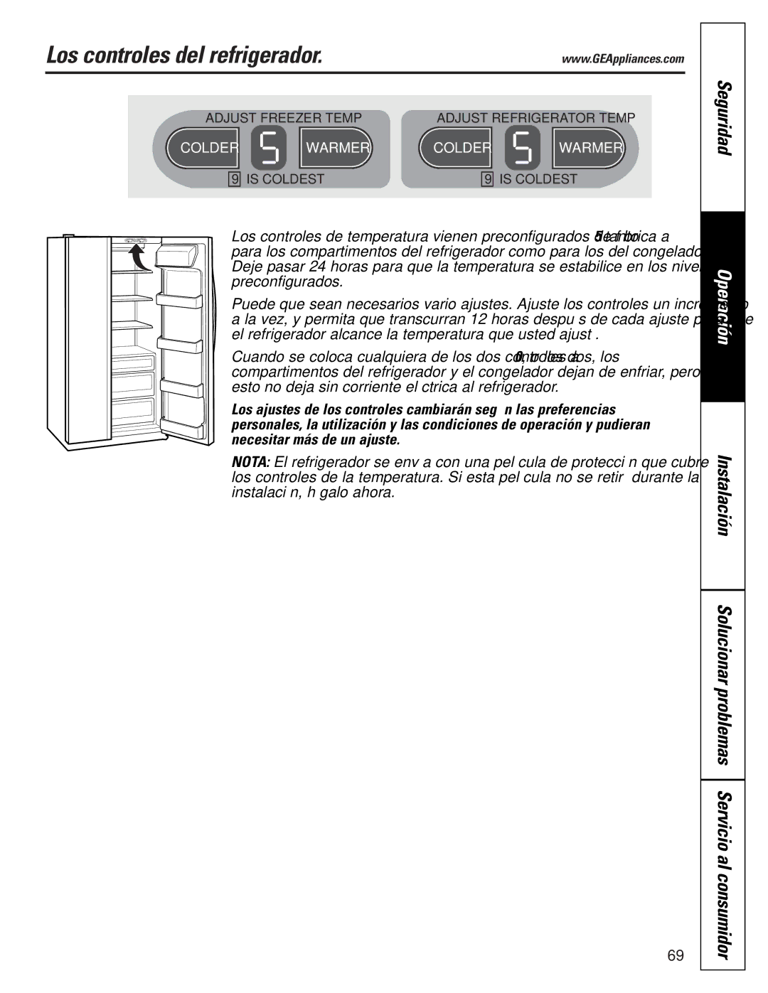 GE 25 installation instructions Los controles del refrigerador, Seguridad 