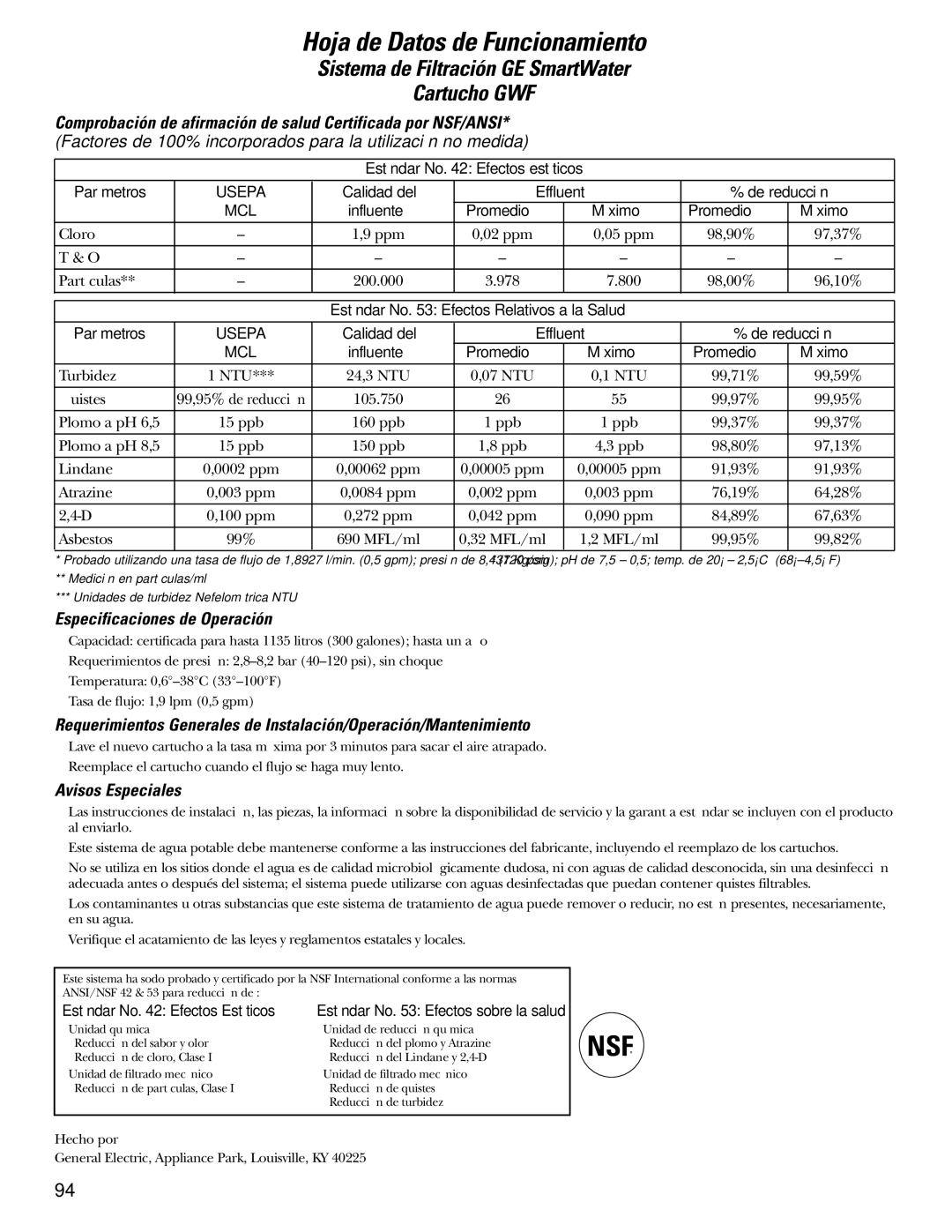 GE 25 installation instructions Especificaciones de Operación, Avisos Especiales 