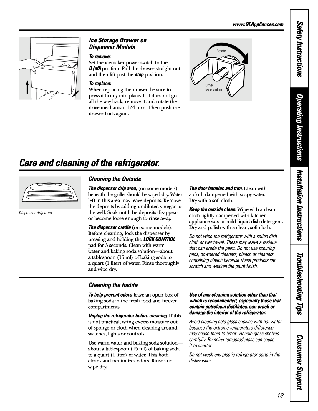 GE 25 Care and cleaning of the refrigerator, Safety Instructions Operating Instructions, Tips Consumer Support 