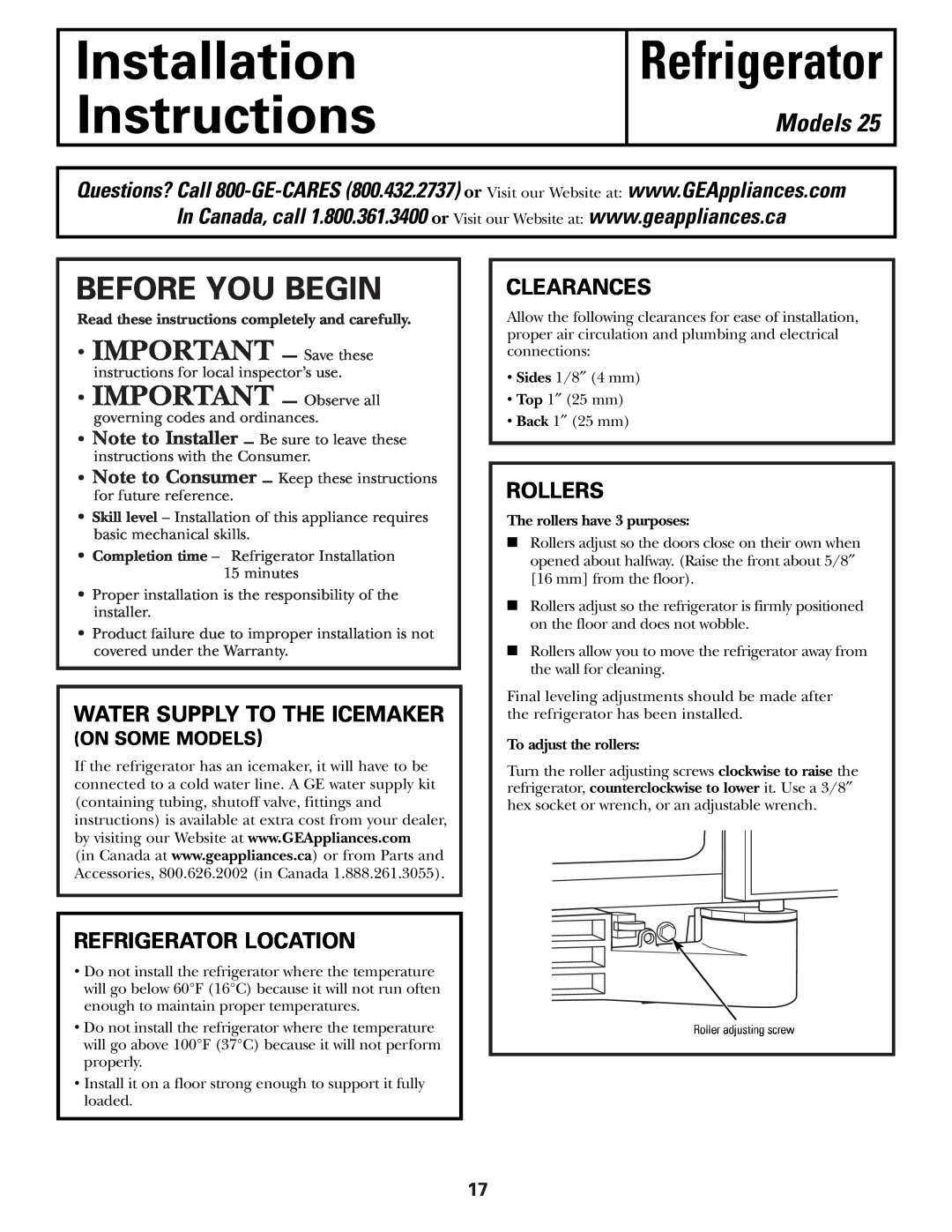 GE 25 Installation Instructions, Before You Begin, Models, Refrigerator Location, Clearances, Rollers 