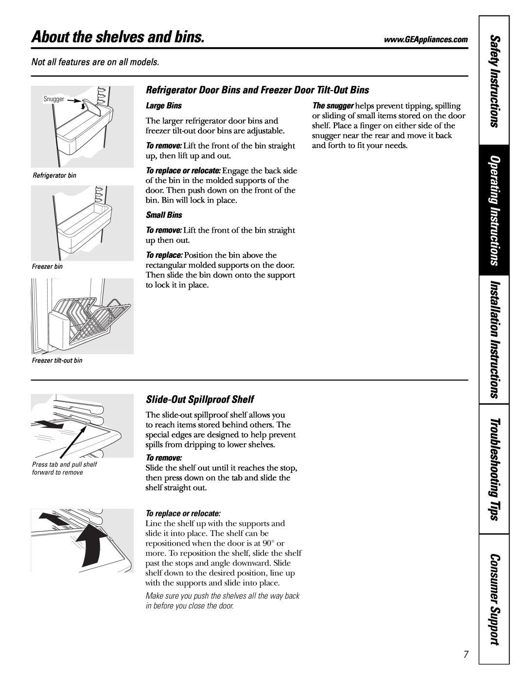 GE 25 installation instructions About the shelves and bins, Safety, Refrigerator Door Bins and Freezer Door Tilt-Out Bins 