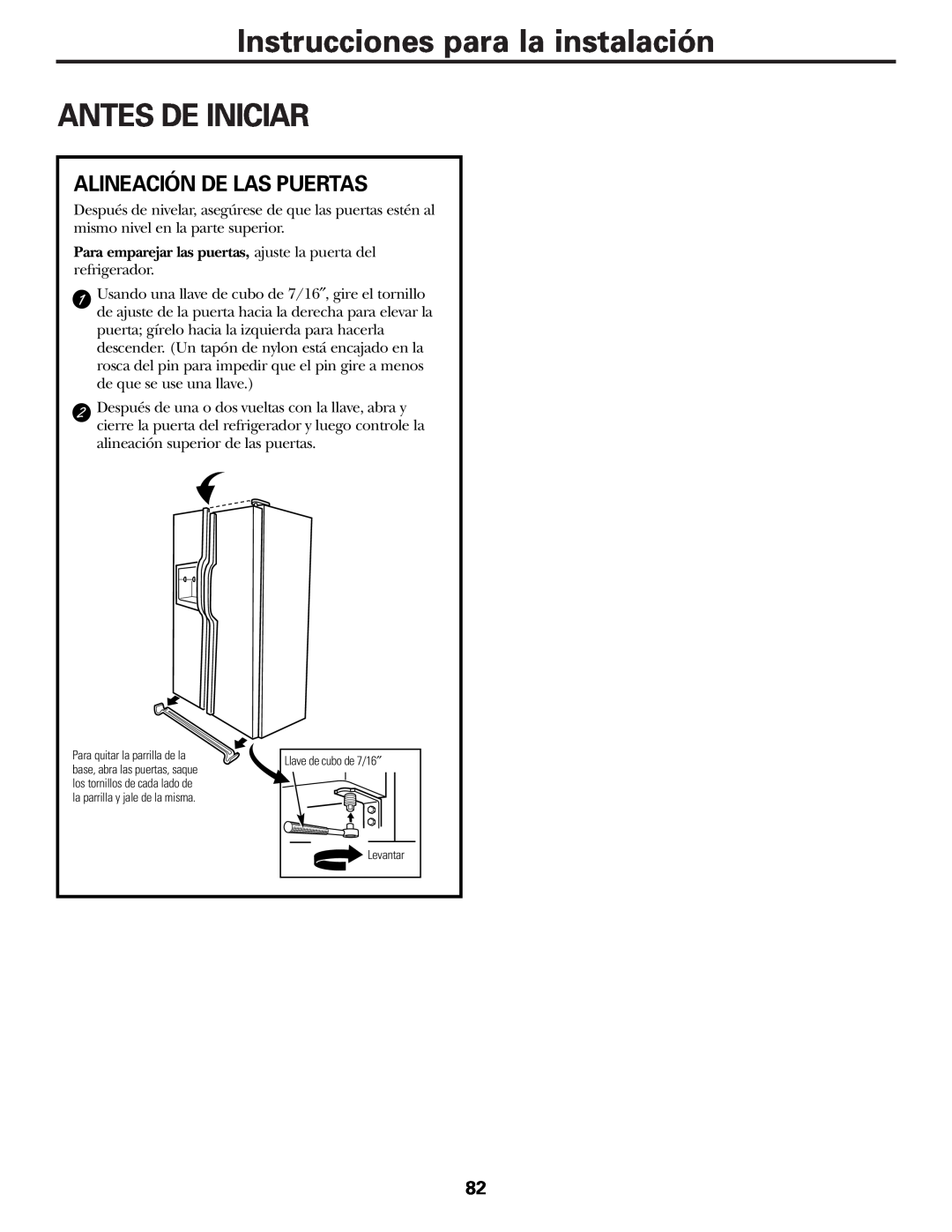 GE 25 installation instructions Instrucciones para la instalación ANTES DE INICIAR, Alineación De Las Puertas 