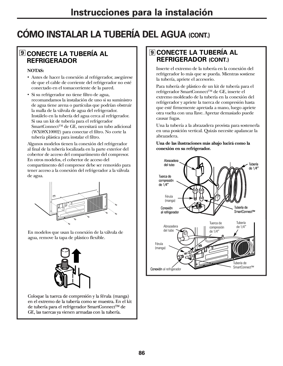 GE 25 installation instructions Conecte La Tubería Al Refrigerador Cont, Instrucciones para la instalación 