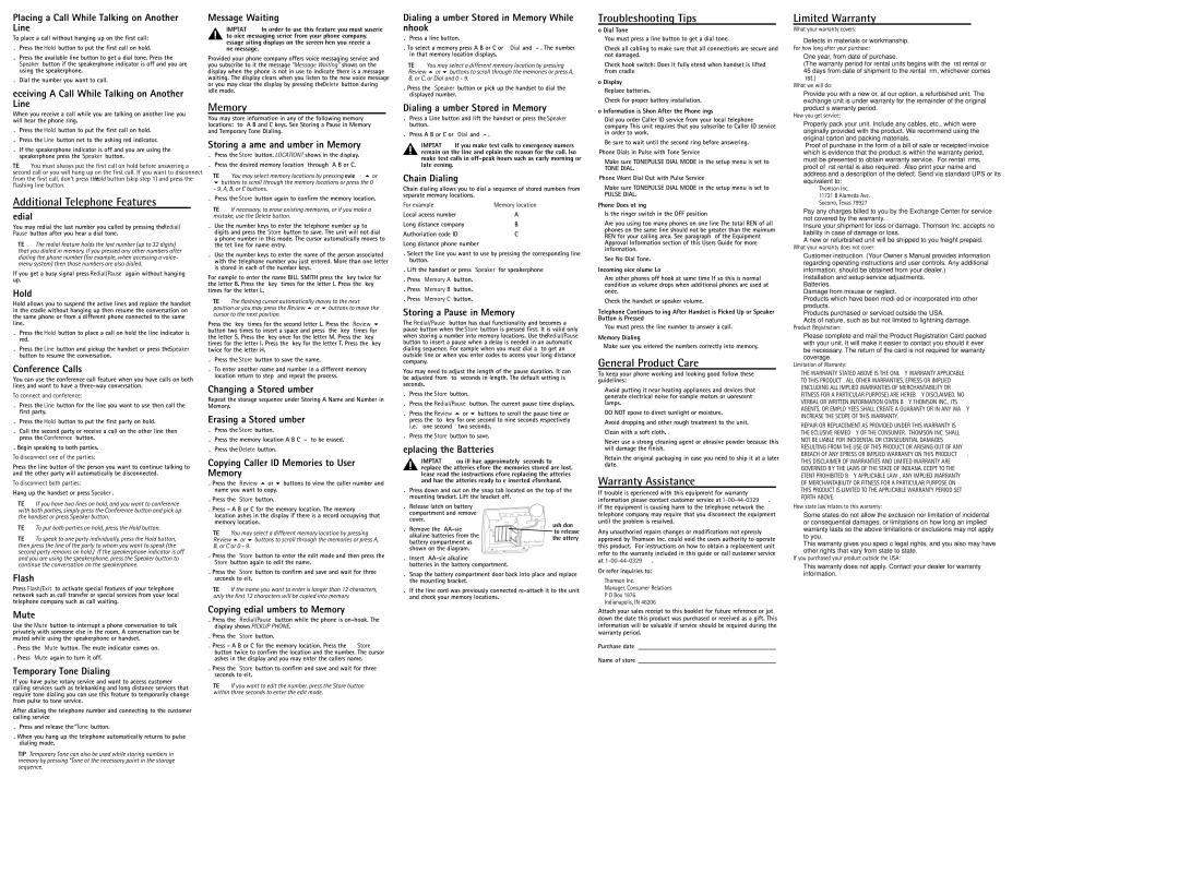 GE 25201 Additional Telephone Features, Memory, Troubleshooting Tips, General Product Care, Warranty Assistance 