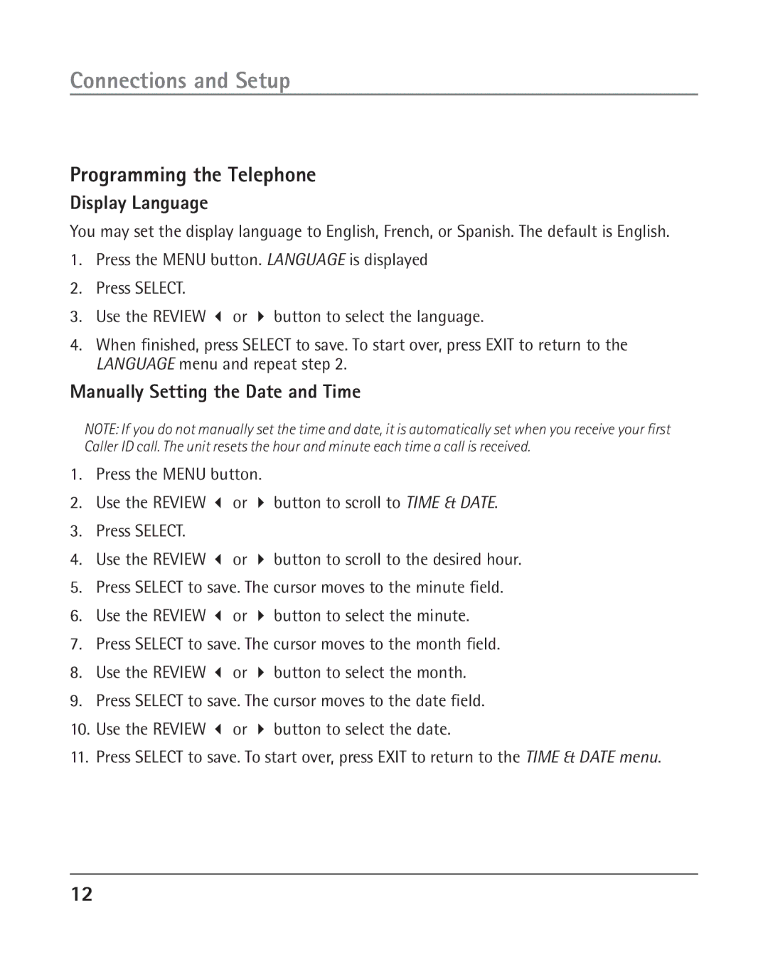 GE 25202 manual Programming the Telephone, Display Language, Manually Setting the Date and Time 