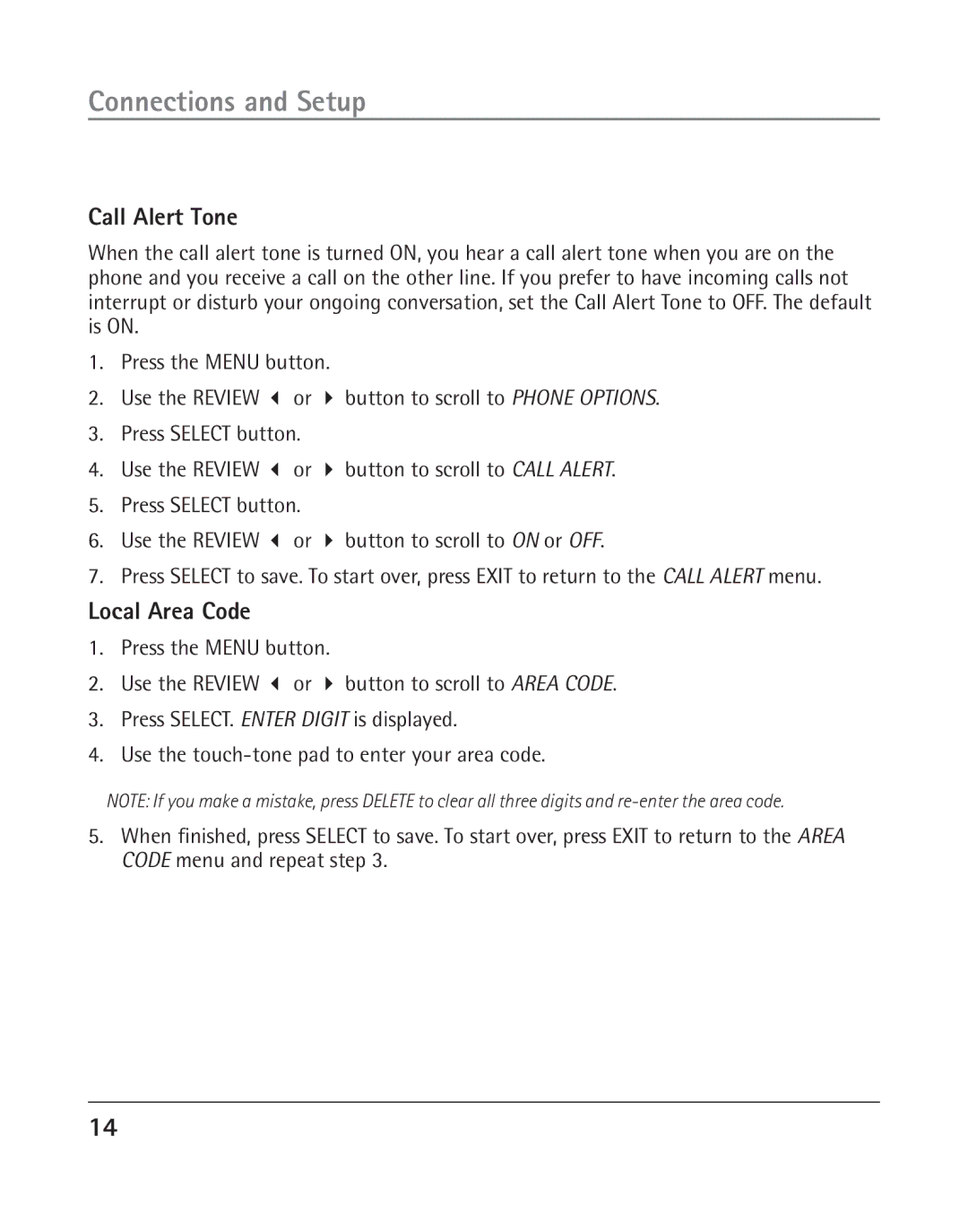 GE 25202 manual Call Alert Tone, Local Area Code 