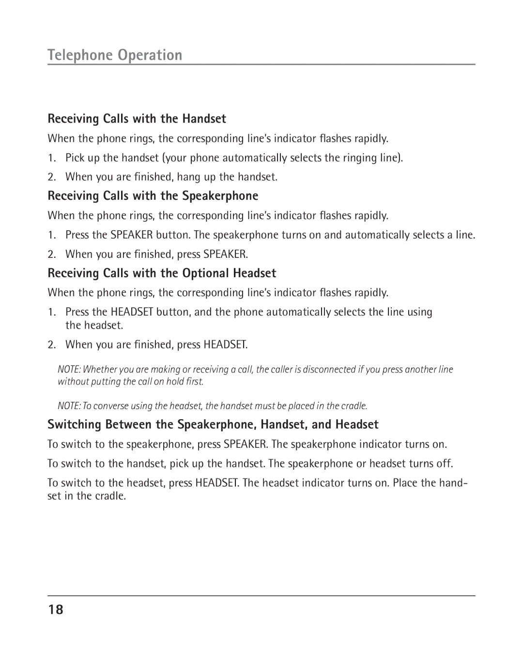 GE 25202 manual Receiving Calls with the Handset, Receiving Calls with the Speakerphone 