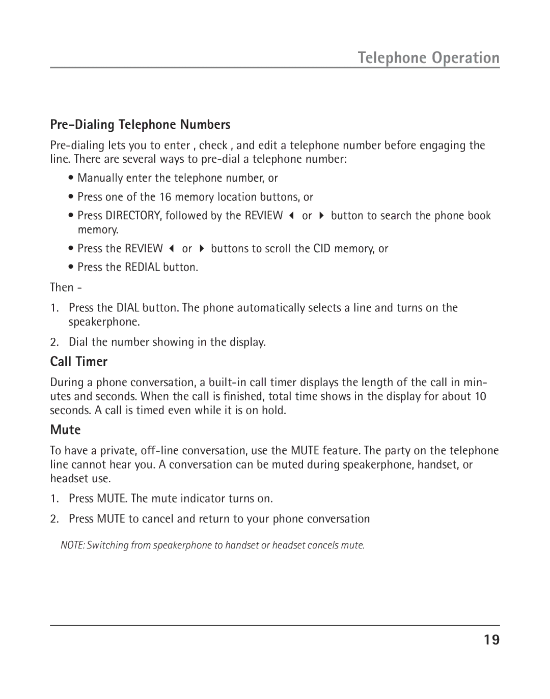 GE 25202 manual Pre-Dialing Telephone Numbers, Call Timer, Mute 