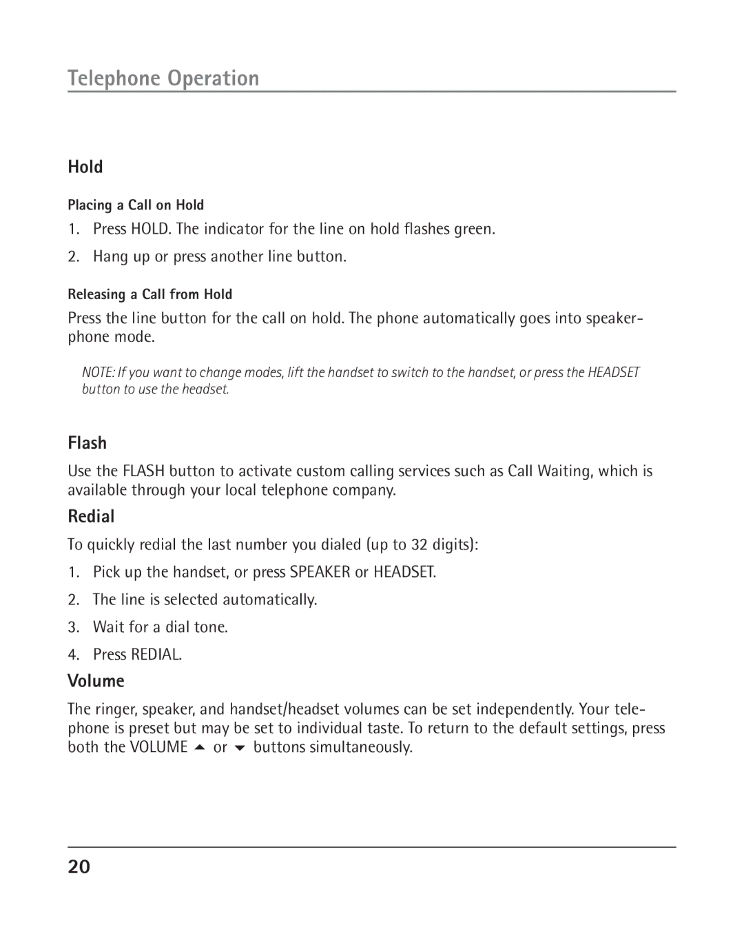 GE 25202 manual Hold, Flash, Redial, Volume 