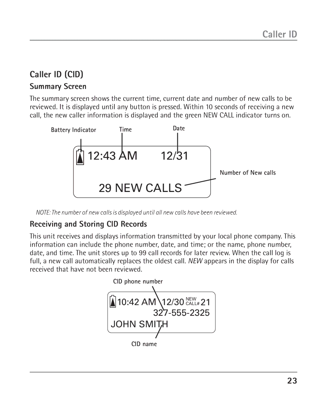 GE 25202 manual Caller ID CID, Summary Screen, Receiving and Storing CID Records 