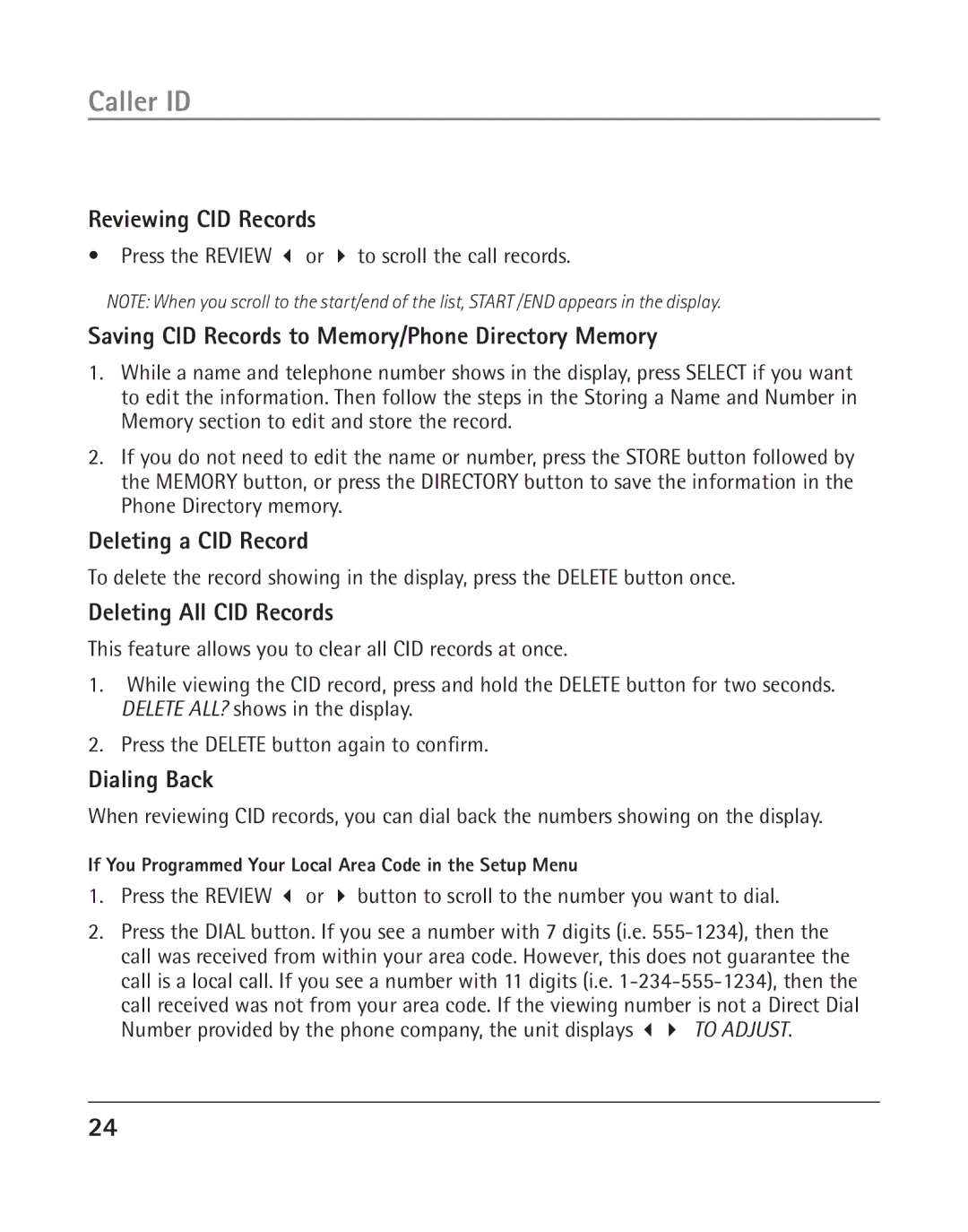 GE 25202 Reviewing CID Records, Saving CID Records to Memory/Phone Directory Memory, Deleting a CID Record, Dialing Back 