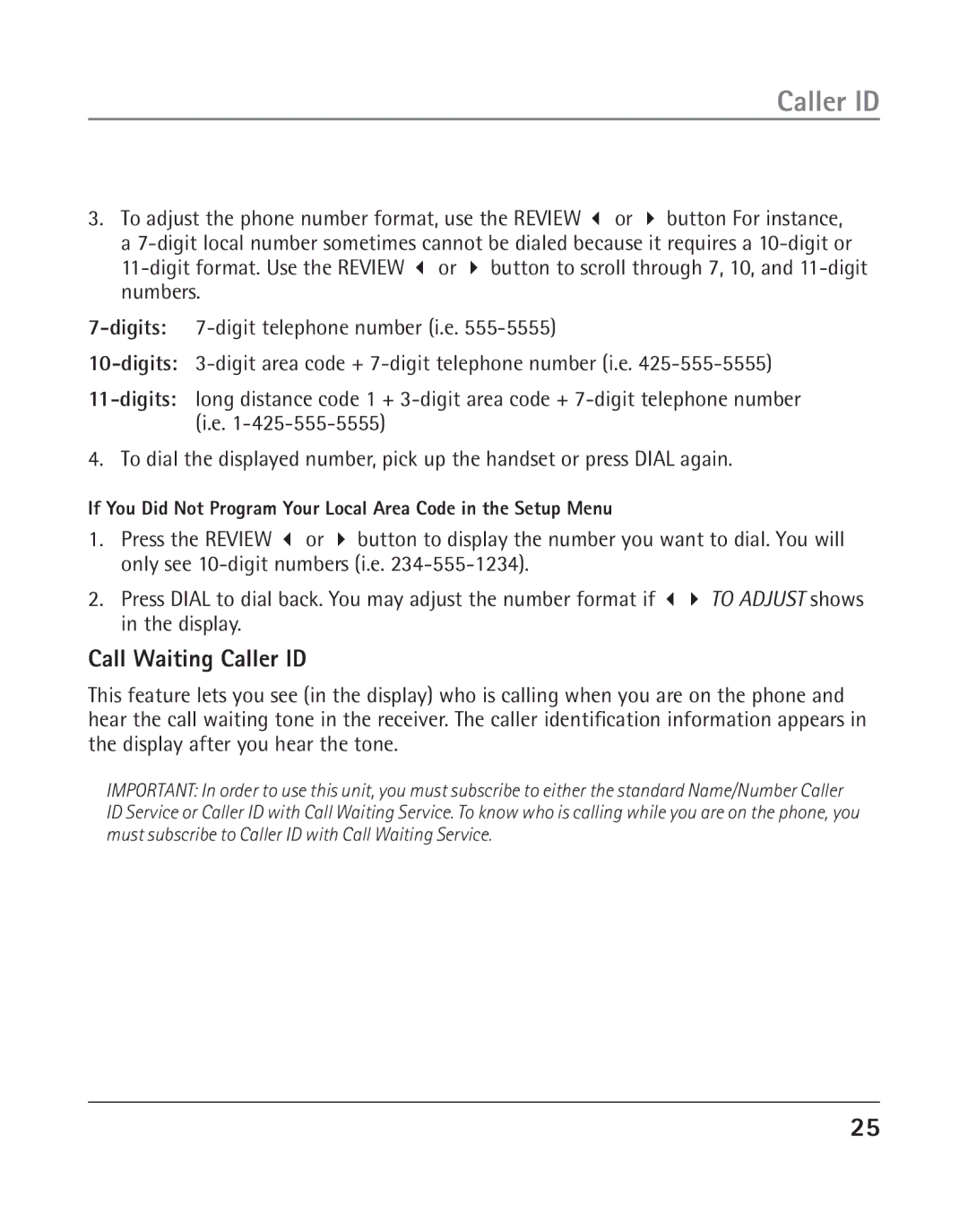 GE 25202 manual Call Waiting Caller ID 