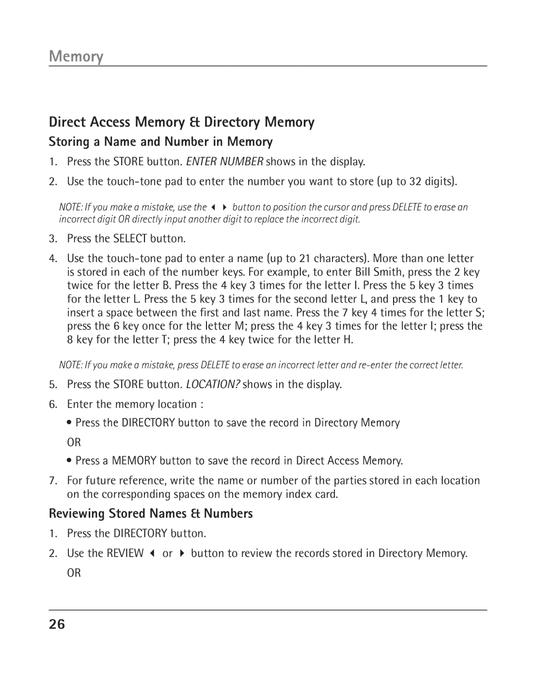 GE 25202 manual Direct Access Memory & Directory Memory, Storing a Name and Number in Memory 