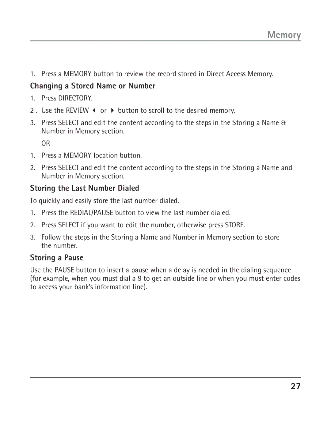 GE 25202 manual Changing a Stored Name or Number, Storing the Last Number Dialed, Storing a Pause 