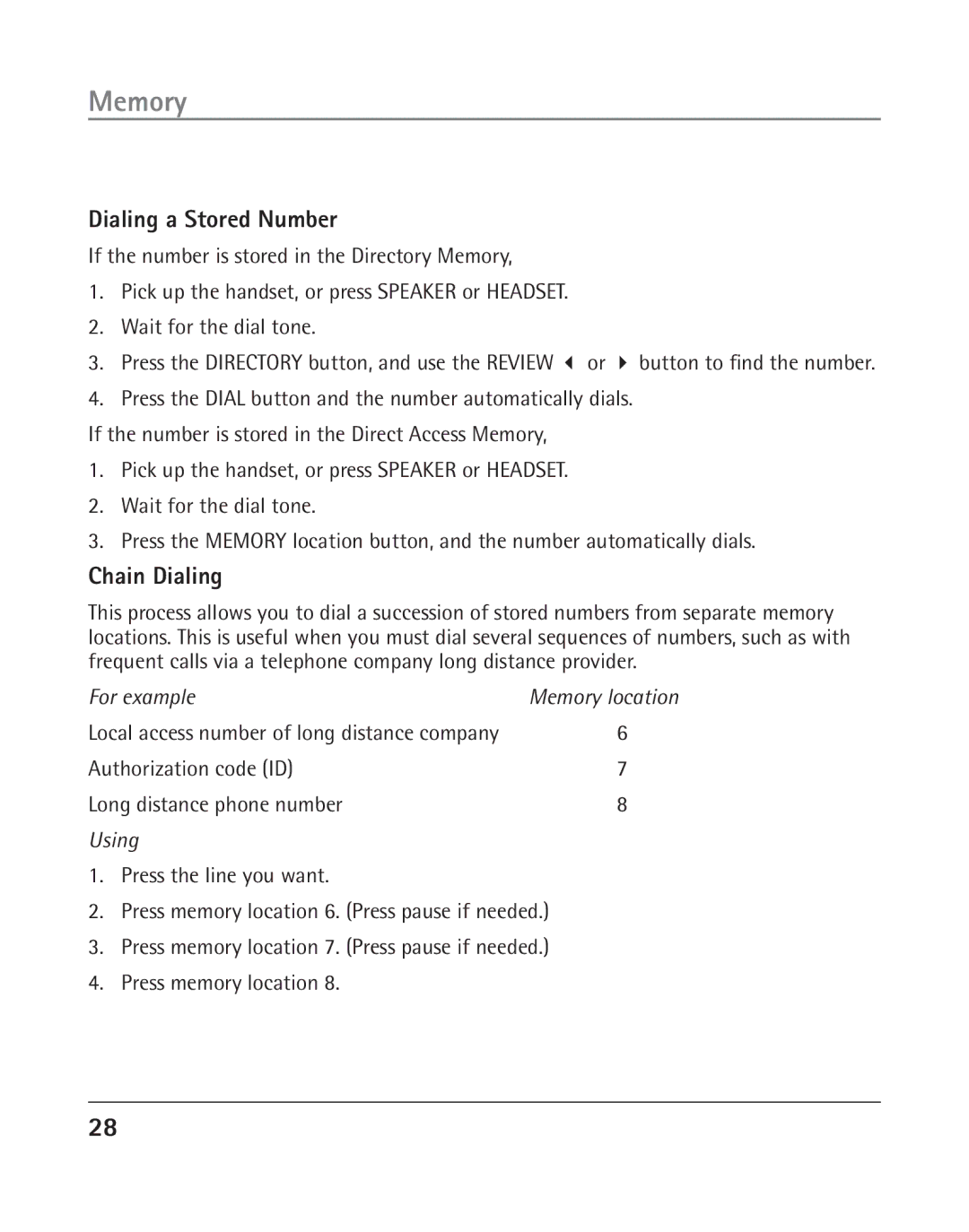 GE 25202 manual Dialing a Stored Number, Chain Dialing 