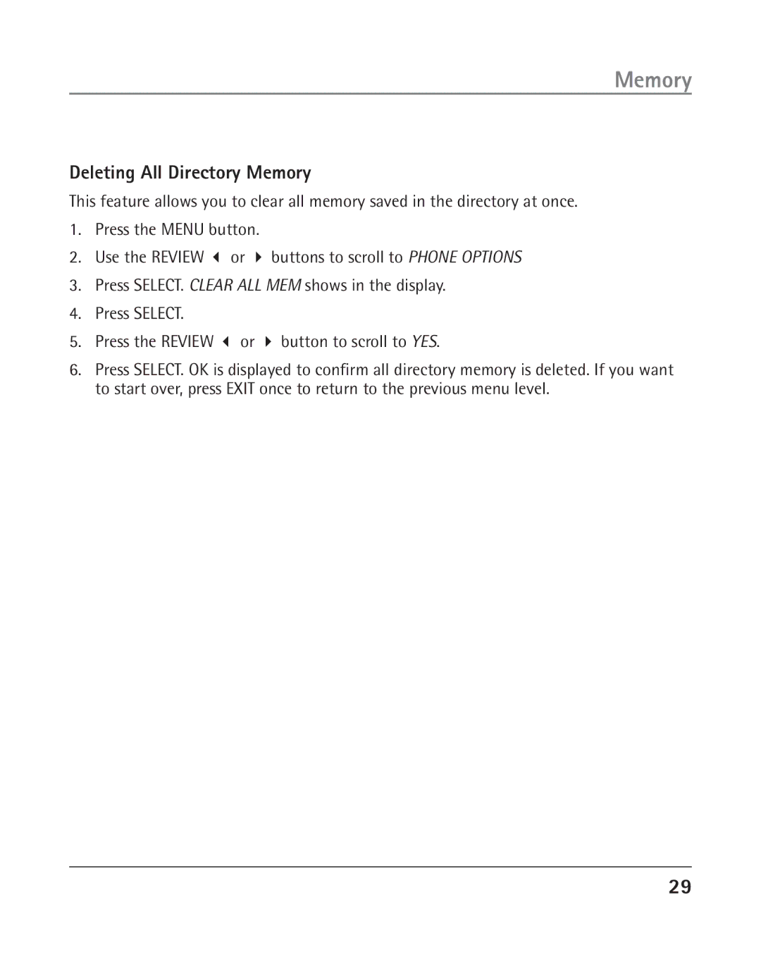 GE 25202 manual Deleting All Directory Memory 