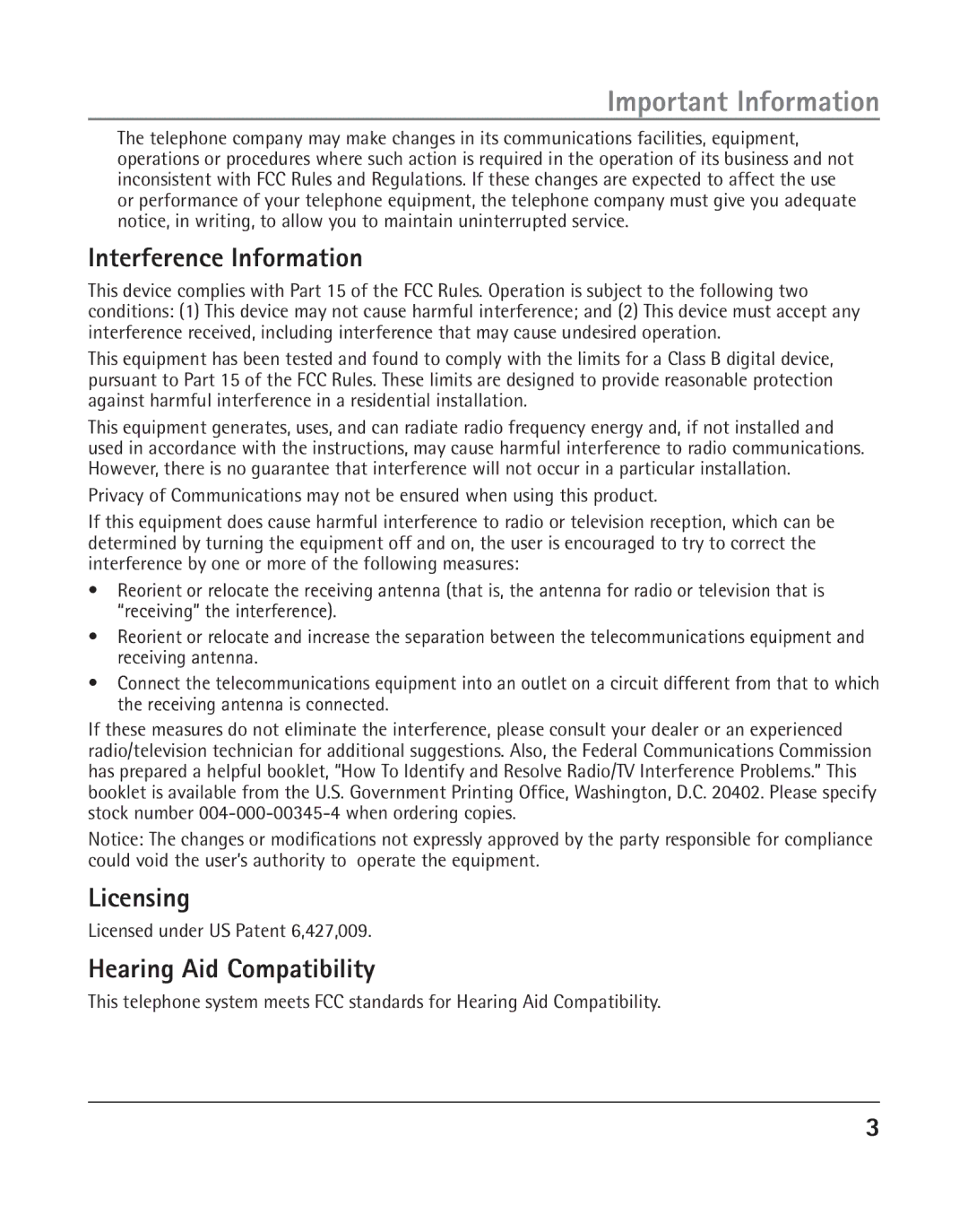 GE 25202 manual Interference Information, Licensing, Hearing Aid Compatibility, Licensed under US Patent 6,427,009 