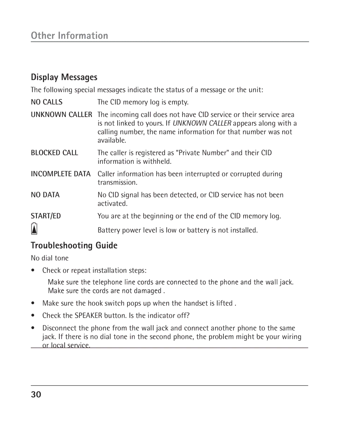 GE 25202 manual Other Information, Display Messages, Troubleshooting Guide 